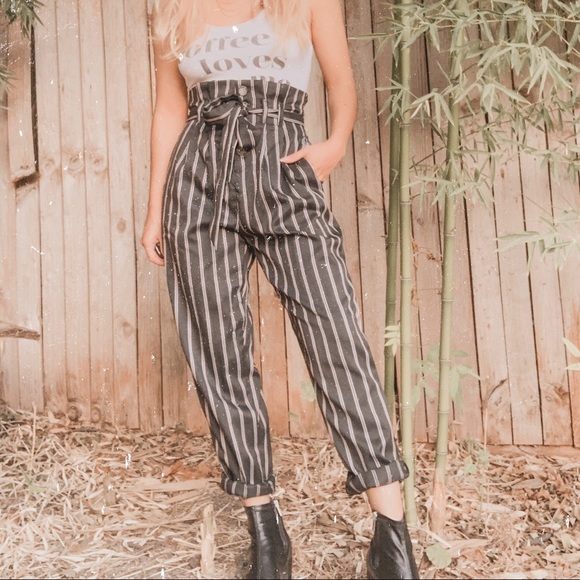 Charlotte Russe Pants - Black striped paper bag high waist button trousers